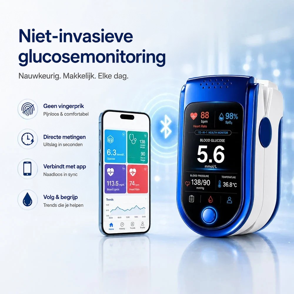 Apparaat naast een smartphone met een app die de metingen en trends toont, verbonden via een bluetooth-symbool. 10
