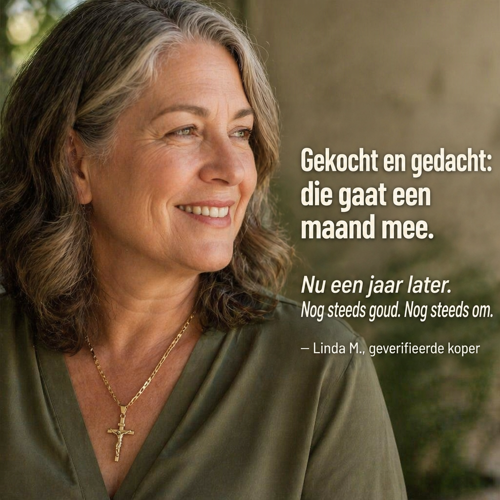 Lachende vrouw met grijs haar in groene blouse draagt het gouden kruisbeeld aan de ketting 7