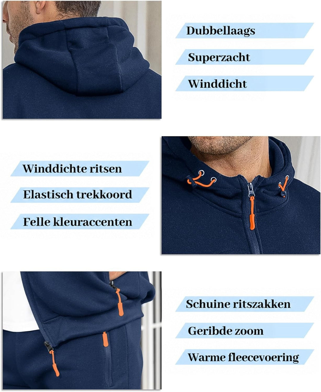 Collage van details in marineblauw: capuchon, oranje ritstrekkers en trekkoord, ritszakken en geribbelde boord 5