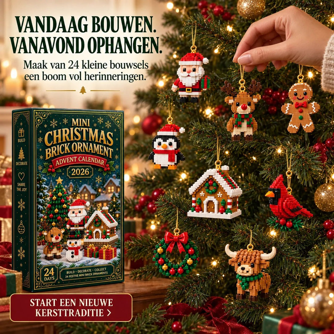 Hand hangt een blokfiguurtje in de kerstboom, tussen kerstman, rendier, peperkoekman, pinguïn, huisje, kardinaal, krans en hooglander. 7