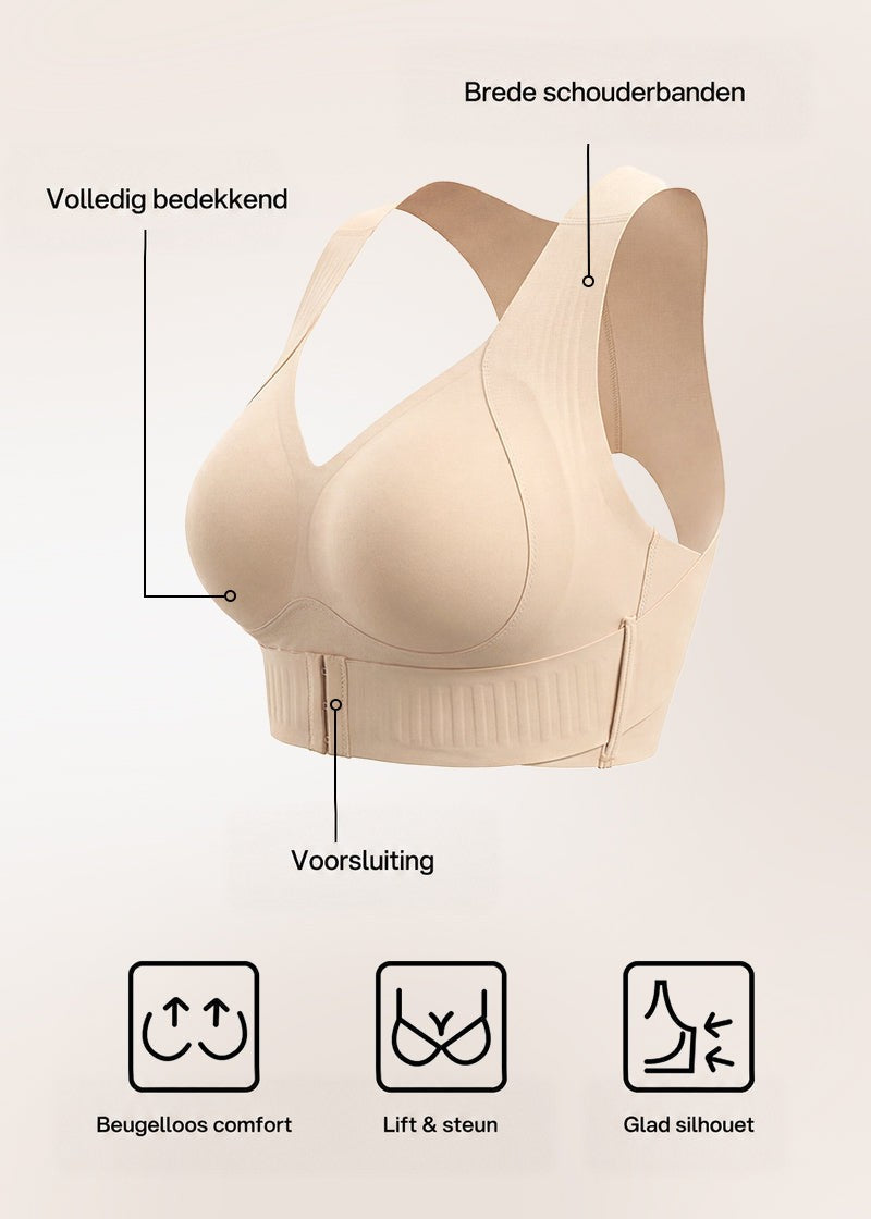 Beige bh los afgebeeld met aanduidingen voor brede schouderbanden, volledige cups en voorsluiting, plus drie pictogrammen onderaan. 17