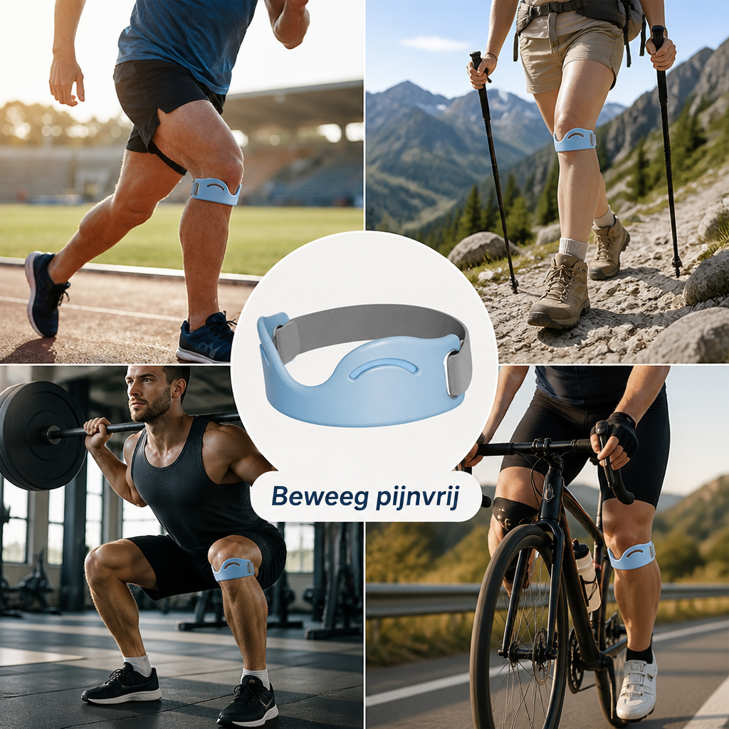 Collage van de lichtblauwe kniesteunband los in het midden, omringd door sporters bij hardlopen, wandelen, gewichtheffen en fietsen. 2