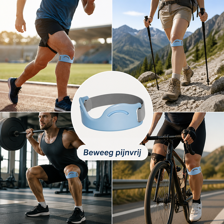 Collage van de lichtblauwe kniesteunband los in het midden, omringd door sporters bij hardlopen, wandelen, gewichtheffen en fietsen. 2