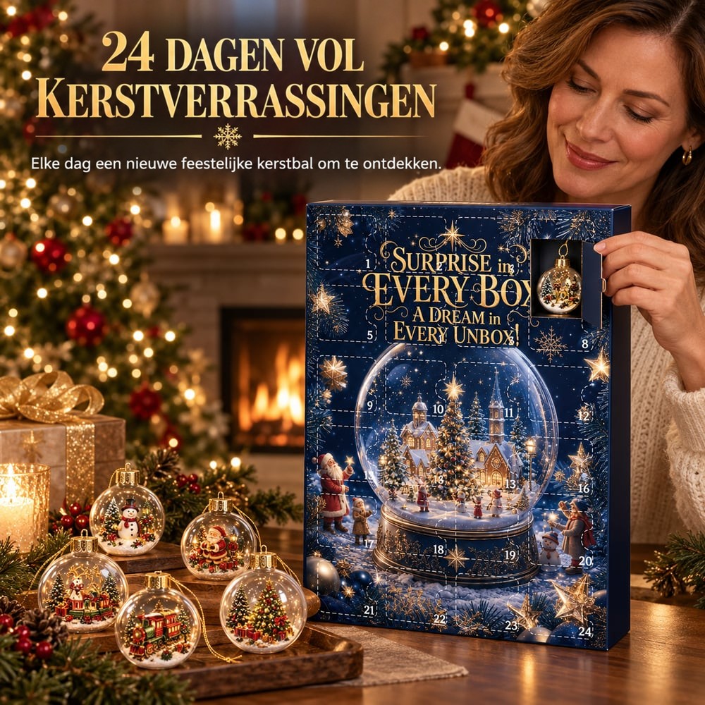 Vrouw opent een vakje van de kalender en toont een kerstbal, met ornamenten op een houten dienblad 2