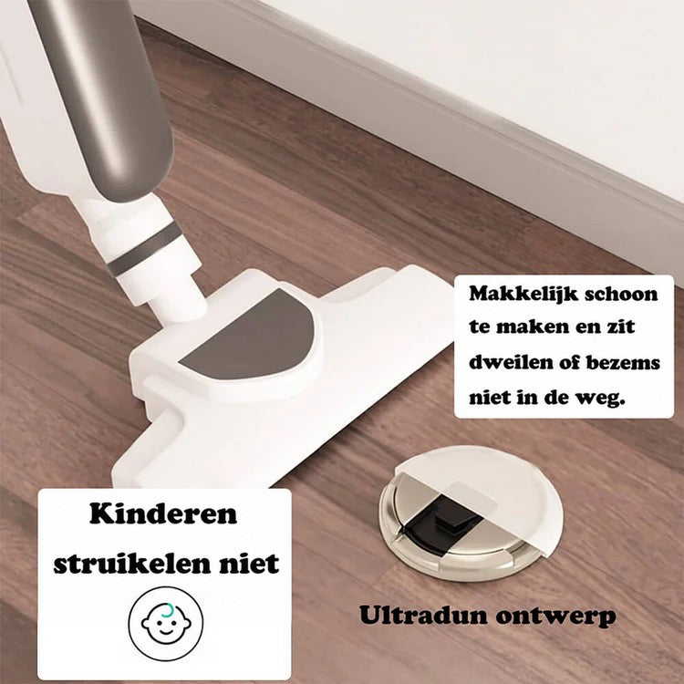 Lage ronde deurstop op een houten vloer naast een stofzuiger, met tekstbalkjes over schoonmaken en ultradun ontwerp 2
