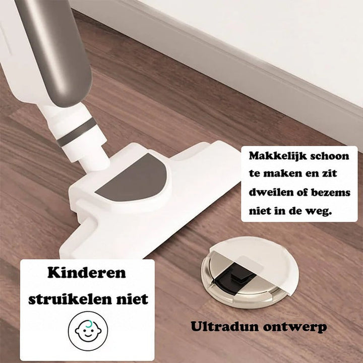 Lage ronde deurstop op een houten vloer naast een stofzuiger, met tekstbalkjes over schoonmaken en ultradun ontwerp 2