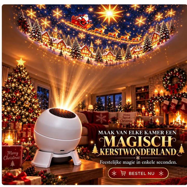 Witte bolvormige projector op een tafel projecteert een kerstscène met kerstman in slee, rendieren en dorpje op het plafond. 1