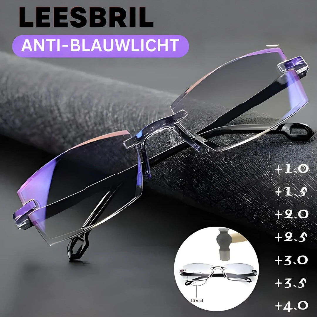 Randloze bril met blauwlichtfilter ligt op een donkere gestructureerde stof, met een inzetbeeld van de bril en een lijst sterktes. 2