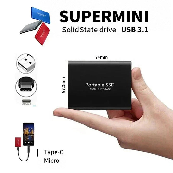 Zwarte schijf op een hand, met afmetingen, USB-aansluitingen en een schijf verbonden met een smartphone 4