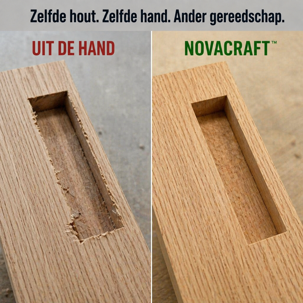 Vergelijking naast elkaar van een rafelige sleuf uit de losse hand en een strakke, zuivere sleuf gemaakt met de mal. 5