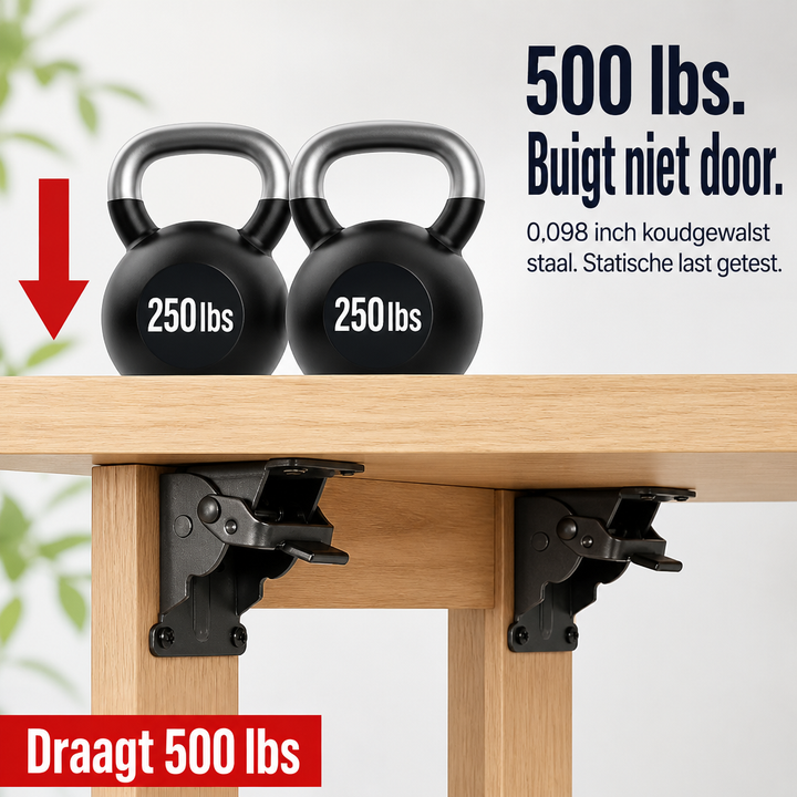 Twee zwarte klapbeugels onder een houten tafelblad dragen twee kettlebells als bewijs van het draagvermogen. 5