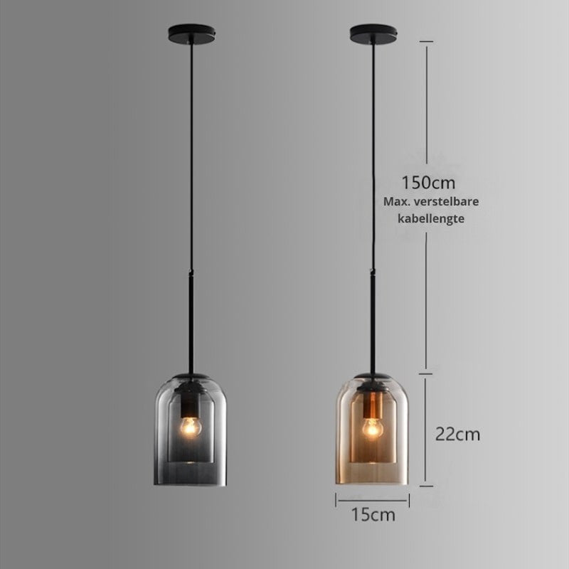 Maattekening van de hanglamp in rookgrijs en amber, met afmetingen van lamp en maximale ophanghoogte 12