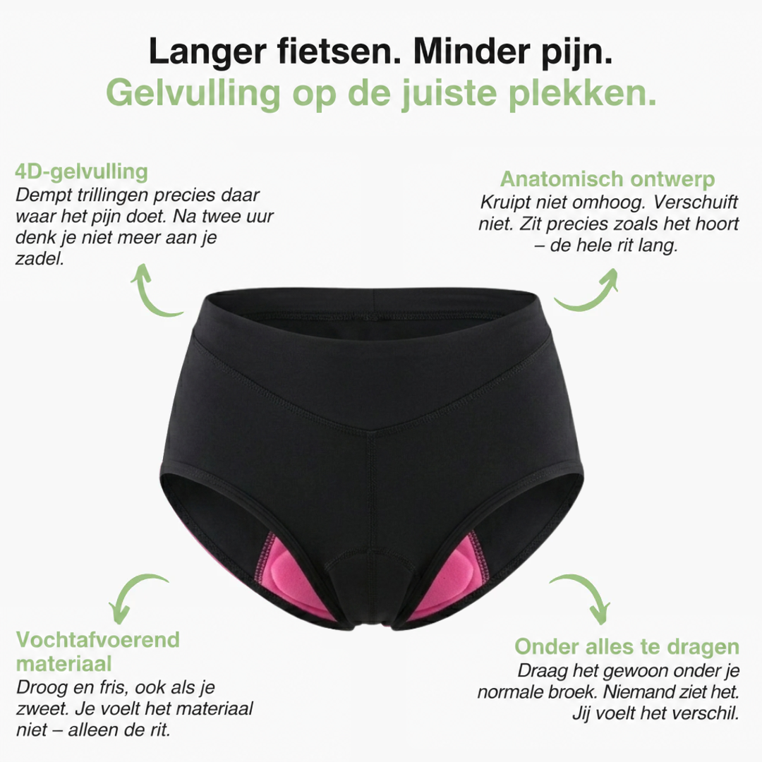 Zwarte onderbroek met roze gelkussen aan de binnenkant, omringd door pijlen naar de productvoordelen 3