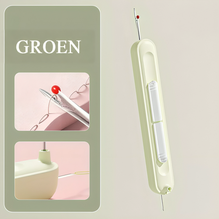 Het gereedschap in groen, schuin weergegeven, met twee kleine detailbeelden van tornen en naaldinrijden 7