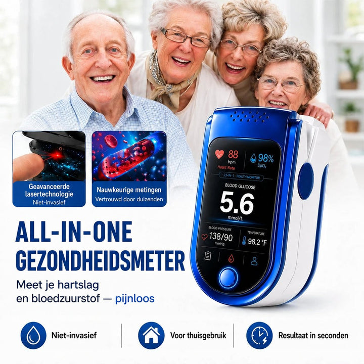 Blauw-witte vingerclipmonitor met kleurendisplay naast vier lachende ouderen, met pictogrammen voor thuisgebruik en snelle resultaten. 1