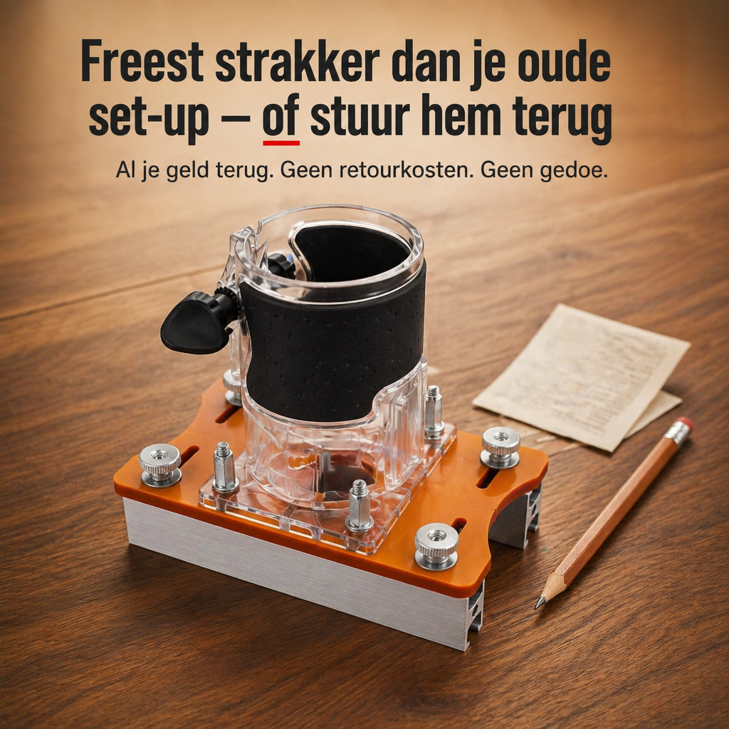 Mal met acryl frees-opzetstuk en zwarte greep op een houten tafel, naast een potlood en een papiertje. 9