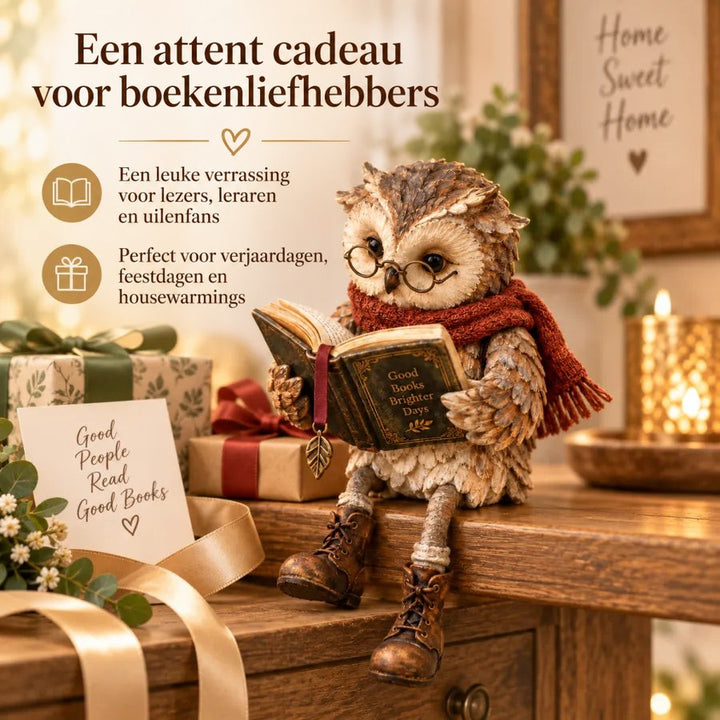 Uilbeeldje op een houten tafel tussen ingepakte cadeaus, een lint en een kaartje, als cadeau-idee voor boekenliefhebbers. 7