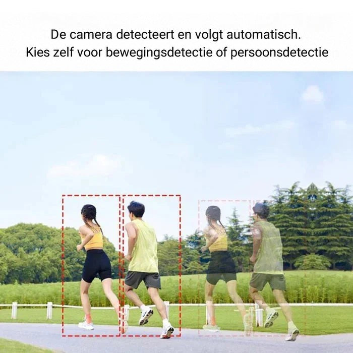Twee hardlopers in een park met rode kaders die tonen hoe beweging automatisch gevolgd wordt 7