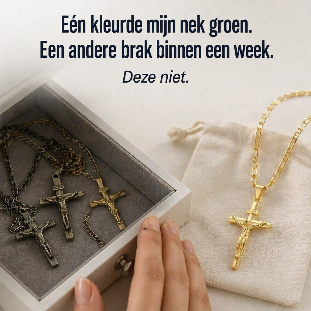 Gouden kruisbeeldketting naast een doosje met drie doffe, verkleurde kettingen met kruisjes, op een linnen zakje 3