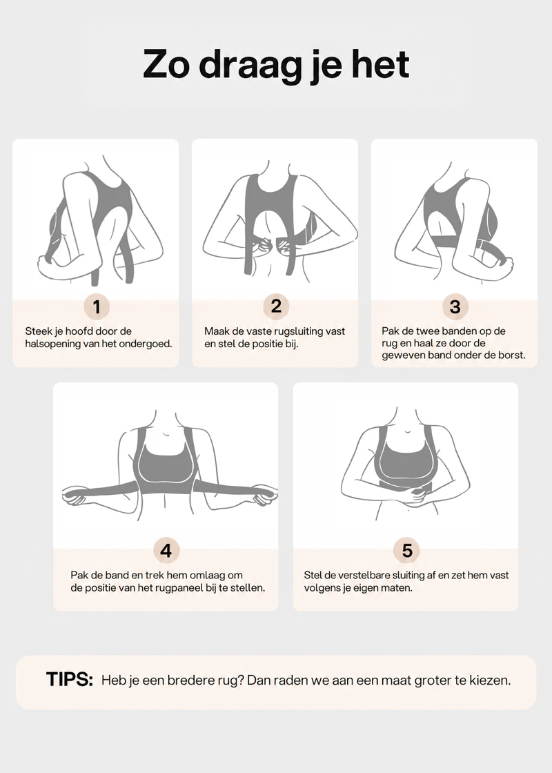 Infographic met vijf getekende stappen die laten zien hoe je de steunbh aantrekt en de rugband en gesp afstelt, plus een maattip. 21