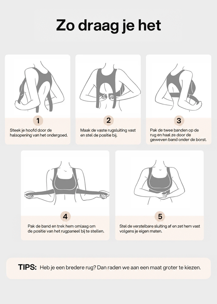 Infographic met vijf getekende stappen die laten zien hoe je de steunbh aantrekt en de rugband en gesp afstelt, plus een maattip. 21