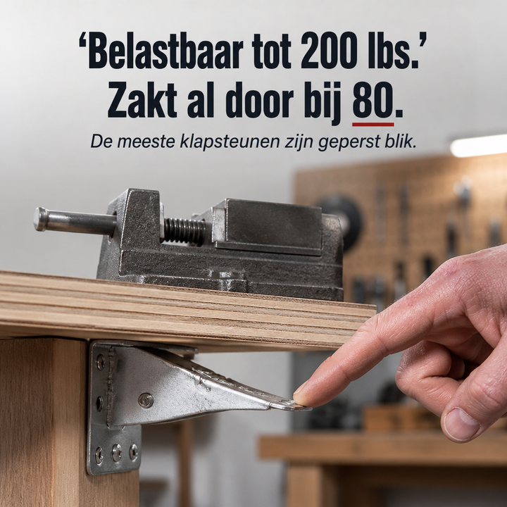 Vinger drukt op een dunne metalen klapbeugel onder een multiplex plank met een bankschroef erop, ter vergelijking met zwakke beugels. 2