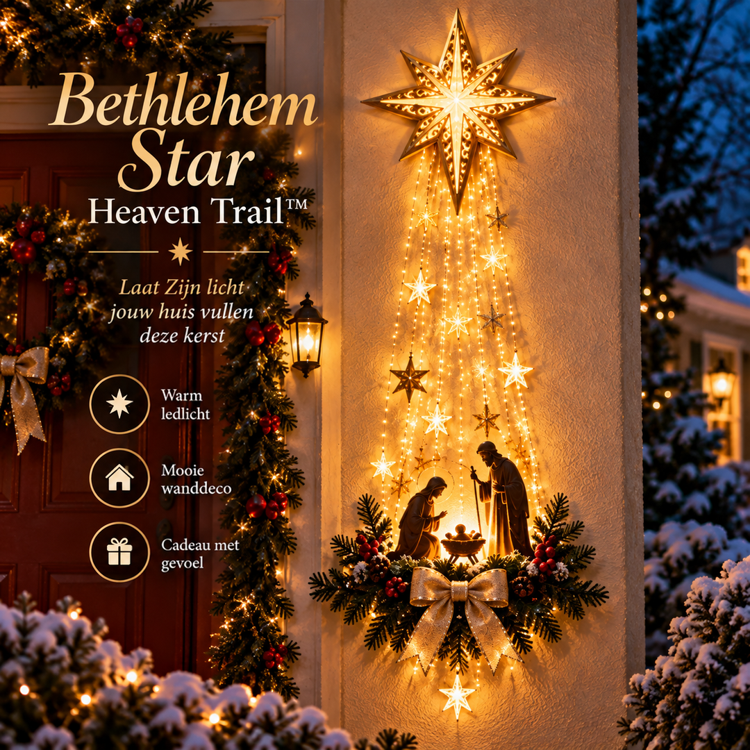 Verlichte gouden ster met stralende lichtslierten en kerststal tegen een buitenmuur met dennenslinger in de schemering 7