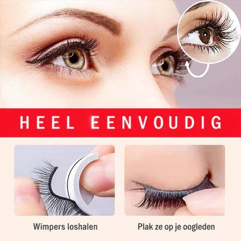 Gebruiksuitleg in twee stappen: de wimpers van het houdertje halen en ze op het ooglid plakken, boven een close-up van een oog. 2