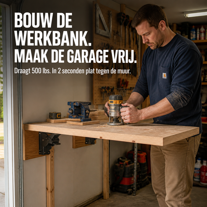 Man freest met een bovenfrees een houten werkblad in een garage, dat aan de muur hangt op zwarte klapbeugels. 1