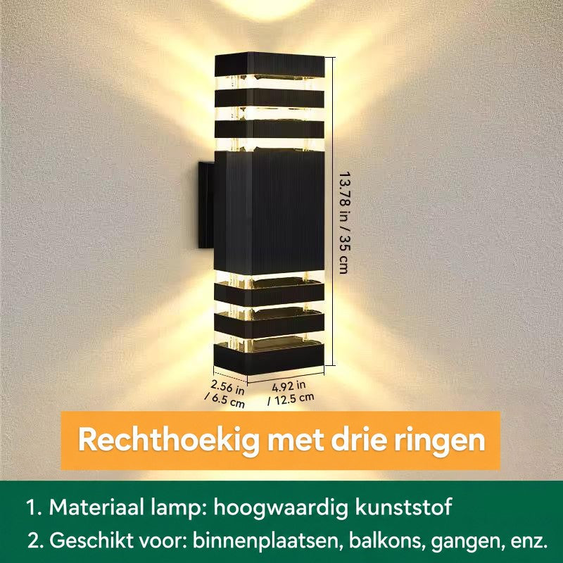 Rechthoekige wandlamp met drie lichtbanden boven en onder, met afmetingen in centimeters en inches 18