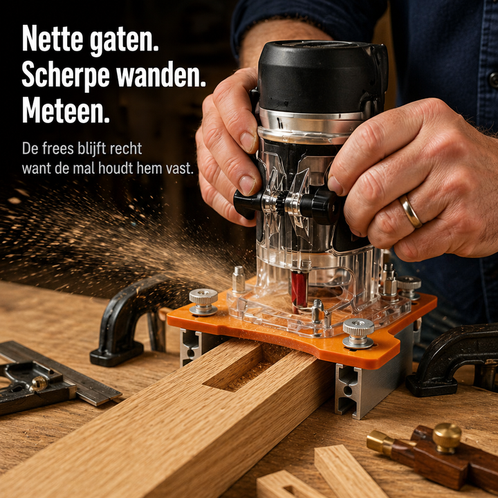 Frees in de mal tijdens het frezen van een sleuf in eikenhout, met rondvliegend zaagsel en klemmen op de werkbank. 4