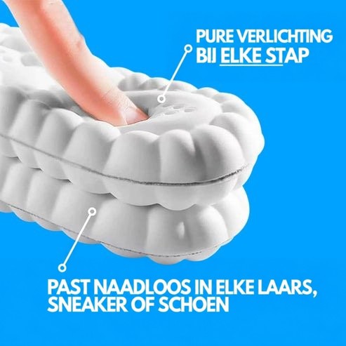 Twee gestapelde witte schuimzolen, waarbij een vinger in het zachte schuim drukt, op een blauwe achtergrond met uitleg over comfort en pasvorm. 5