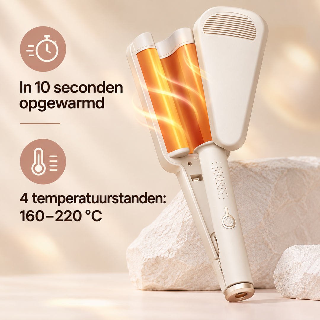 Geopend beige golfijzer met oranje gloeiende platen, om de snelle opwarming en temperatuurstanden te tonen 12