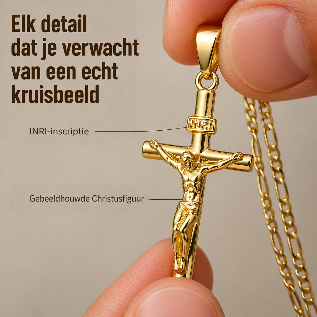 Kruisbeeld vastgehouden tussen twee vingers, met de INRI-plaat en het uitgewerkte Christusbeeld in detail 2