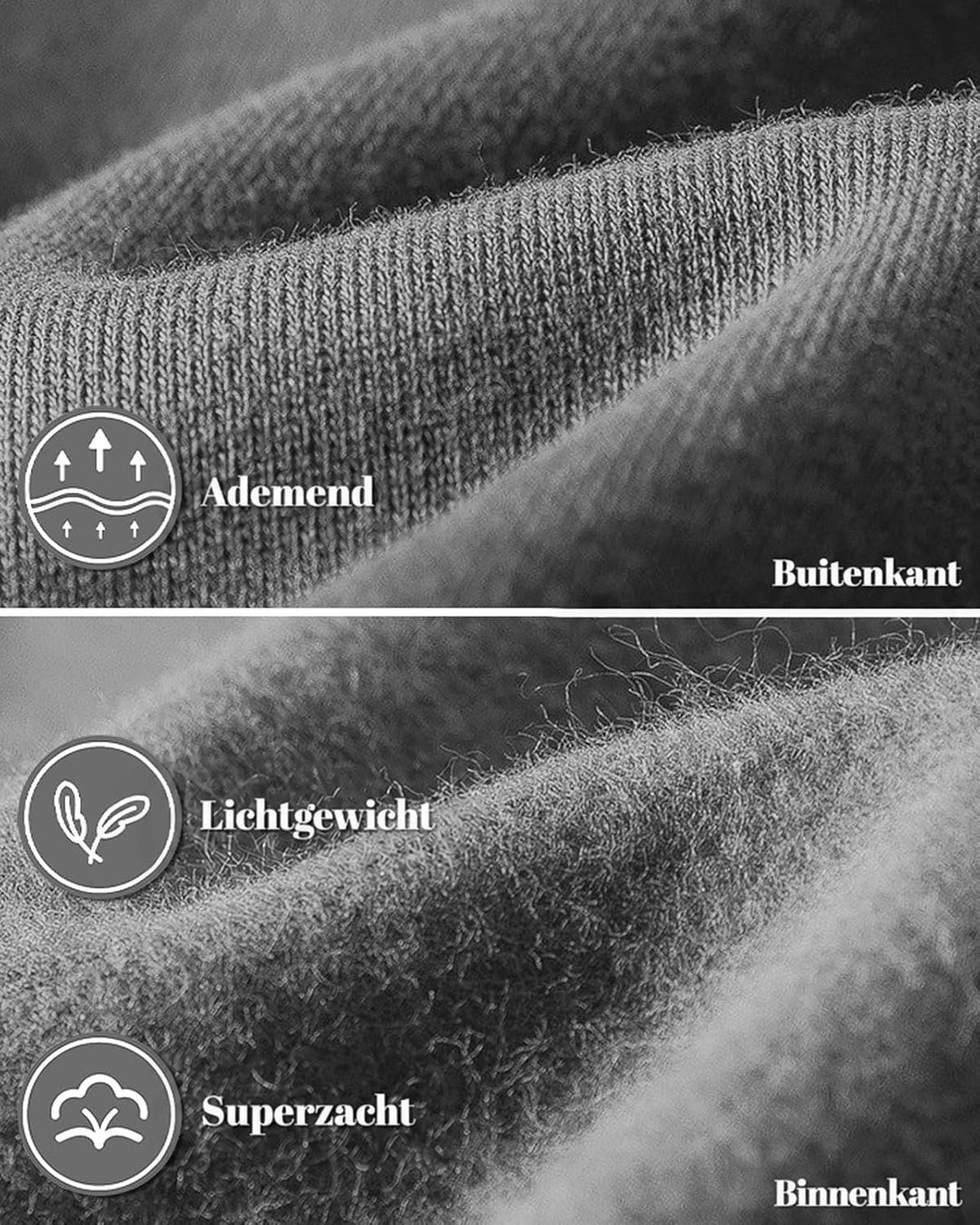Close-up van de grijze stof, buitenkant met ribstructuur en zachte fleece aan de binnenkant 12