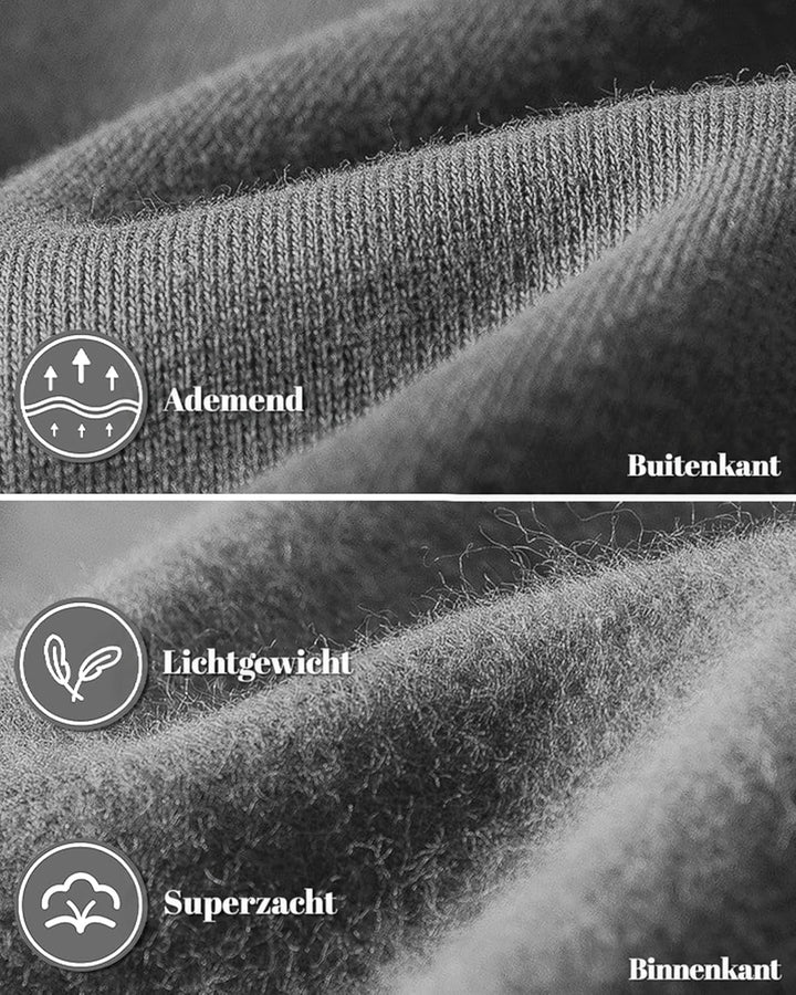 Close-up van de grijze stof, buitenkant met ribstructuur en zachte fleece aan de binnenkant 12