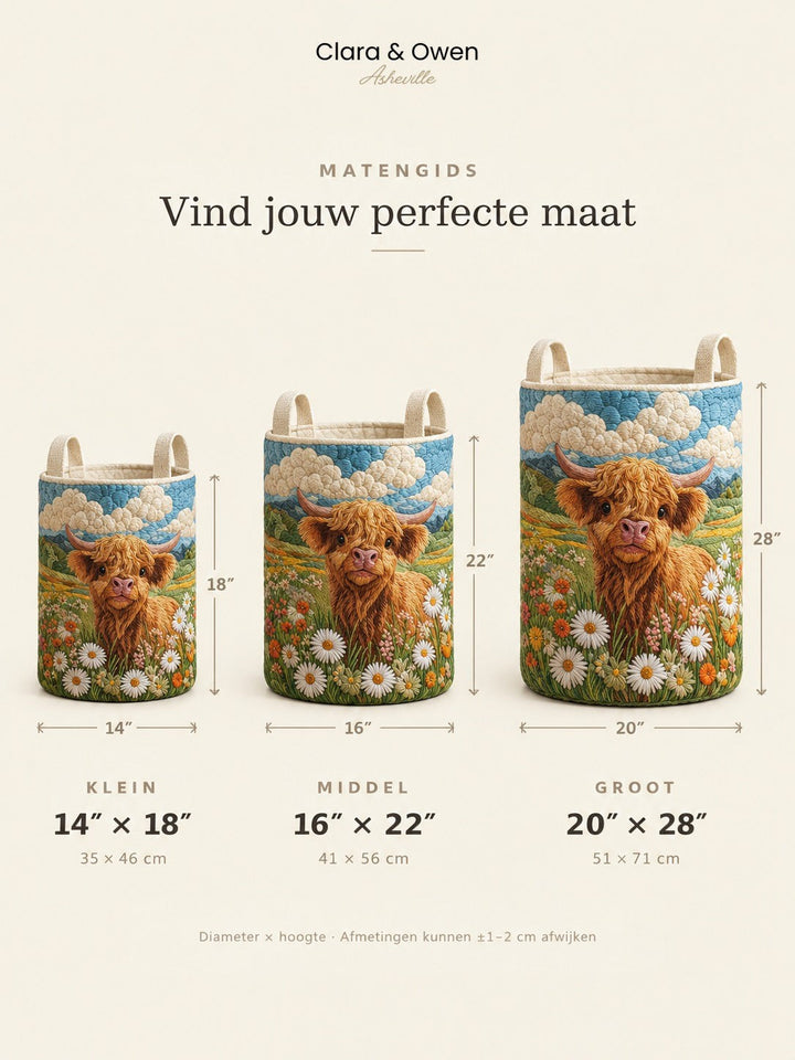 Maatoverzicht met drie manden, klein, medium en groot, naast elkaar met hoogte en diameter aangegeven in inches en centimeters. 6