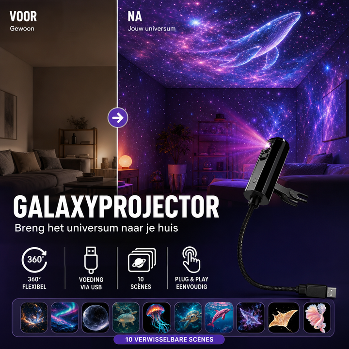 Woonkamer voor en na projectie van een paarse sterrenhemel met walvis, naast de projector en tien dia-motieven 4