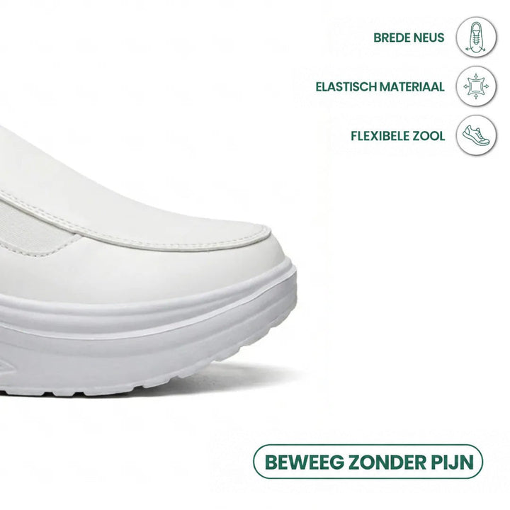 Detail van de brede witte neus met elastisch materiaal en flexibele zool, met kenmerkpictogrammen 14
