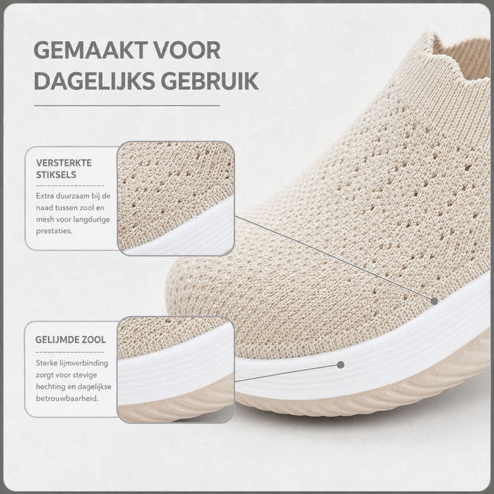 Close-up van het beige gebreide bovenwerk en de zool, met uitleg over stevige naden en gelijmde zool 4