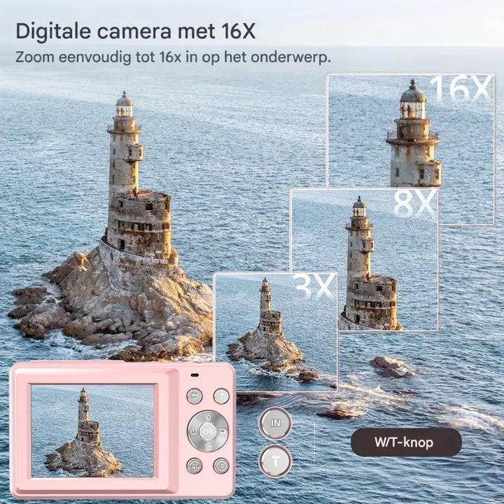 Roze camerascherm toont een vuurtoren aan zee, met uitsneden van 3x, 8x en 16x zoom 10