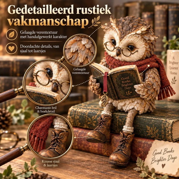 Uilbeeldje op een stapel oude boeken met drie vergrote details van het veerpatroon, de bril met boek en de sjaal met laarsjes. 4