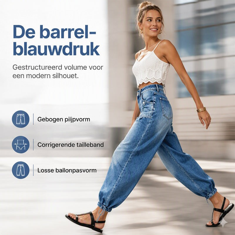 Wandelende model in blauwe ballonjeans met gestrikte zoom en wit kanten topje, met pictogrammen over beenvorm en tailleband. 4