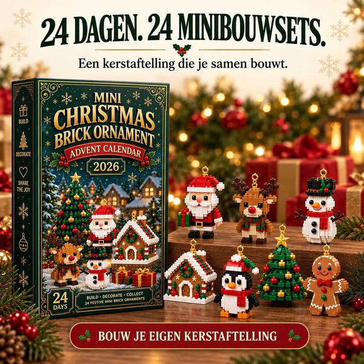 Doos naast zeven gebouwde figuurtjes op een houten verhoging: kerstman, rendier, sneeuwman, huisje, pinguïn, kerstboom en peperkoekman. 8