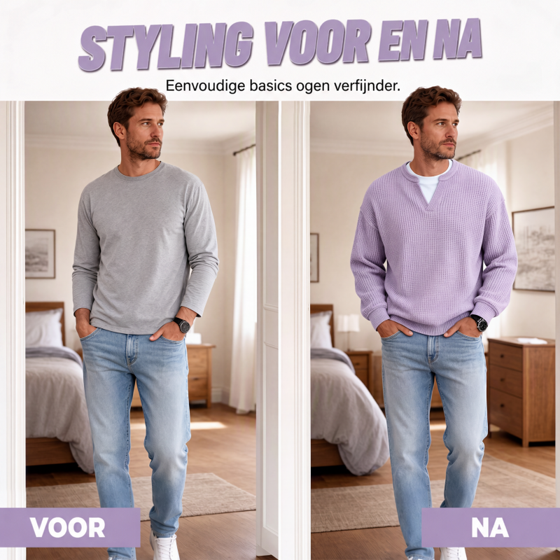 Voor-en-nadeelbeeld: links een man in een grijs shirt, rechts dezelfde man in de lila wafeltop met V-hals. 2