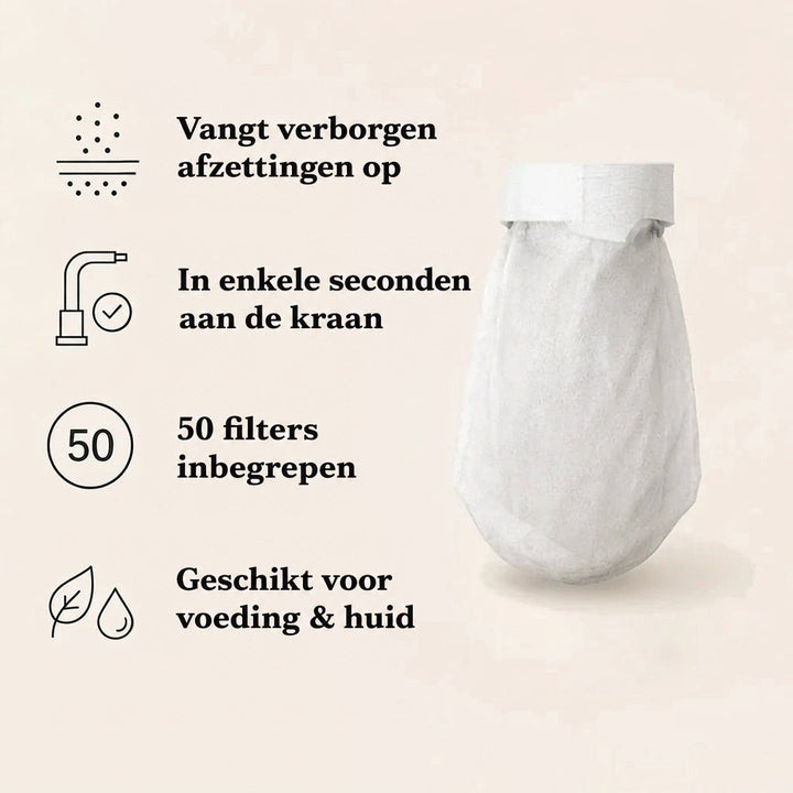 Wit filterzakje met klittenbandrand op een neutrale achtergrond, naast pictogrammen met de belangrijkste voordelen van het product. 5