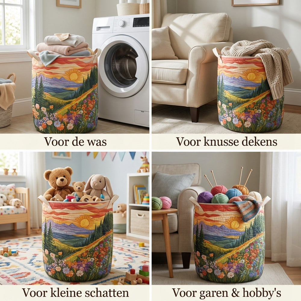 Vier opnamen van dezelfde mand in gebruik: voor wasgoed bij de wasmachine, plaids, speelgoed en garen in huiskamers. 2