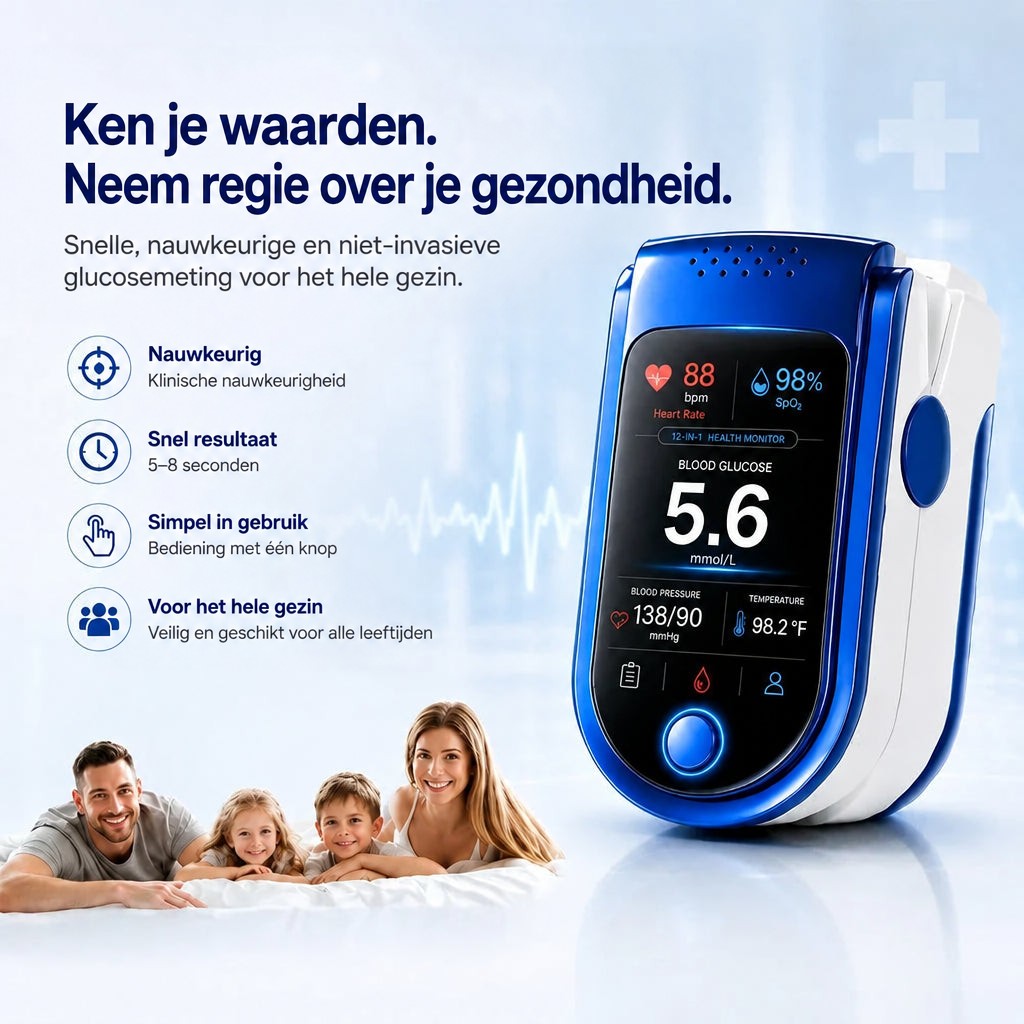 Blauw-witte monitor met display vooraan, links een lijst met voordelen en onderaan een lachend gezin van vier. 4
