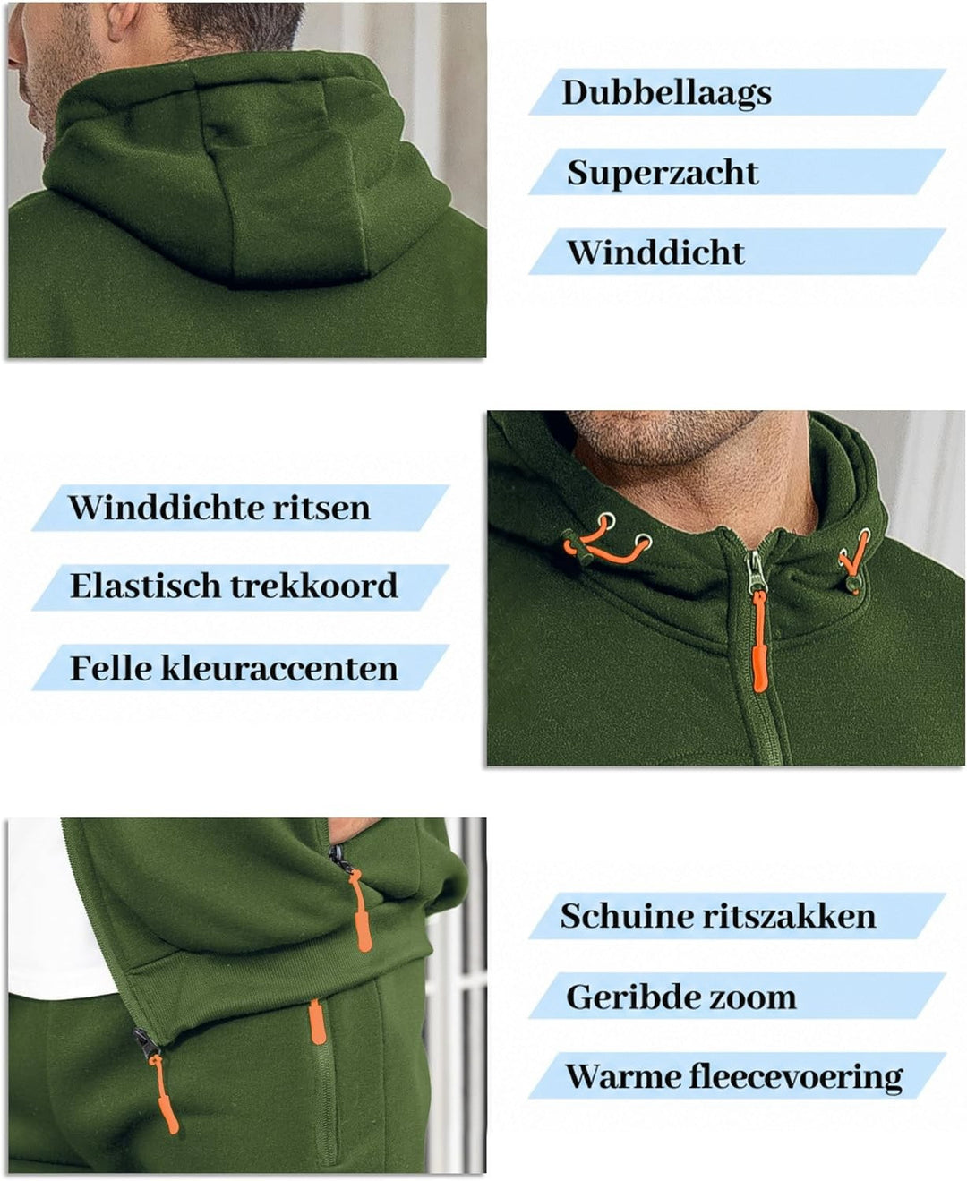 Collage van details in groen: capuchon, oranje ritstrekkers en trekkoord, ritszakken en geribbelde boord 17
