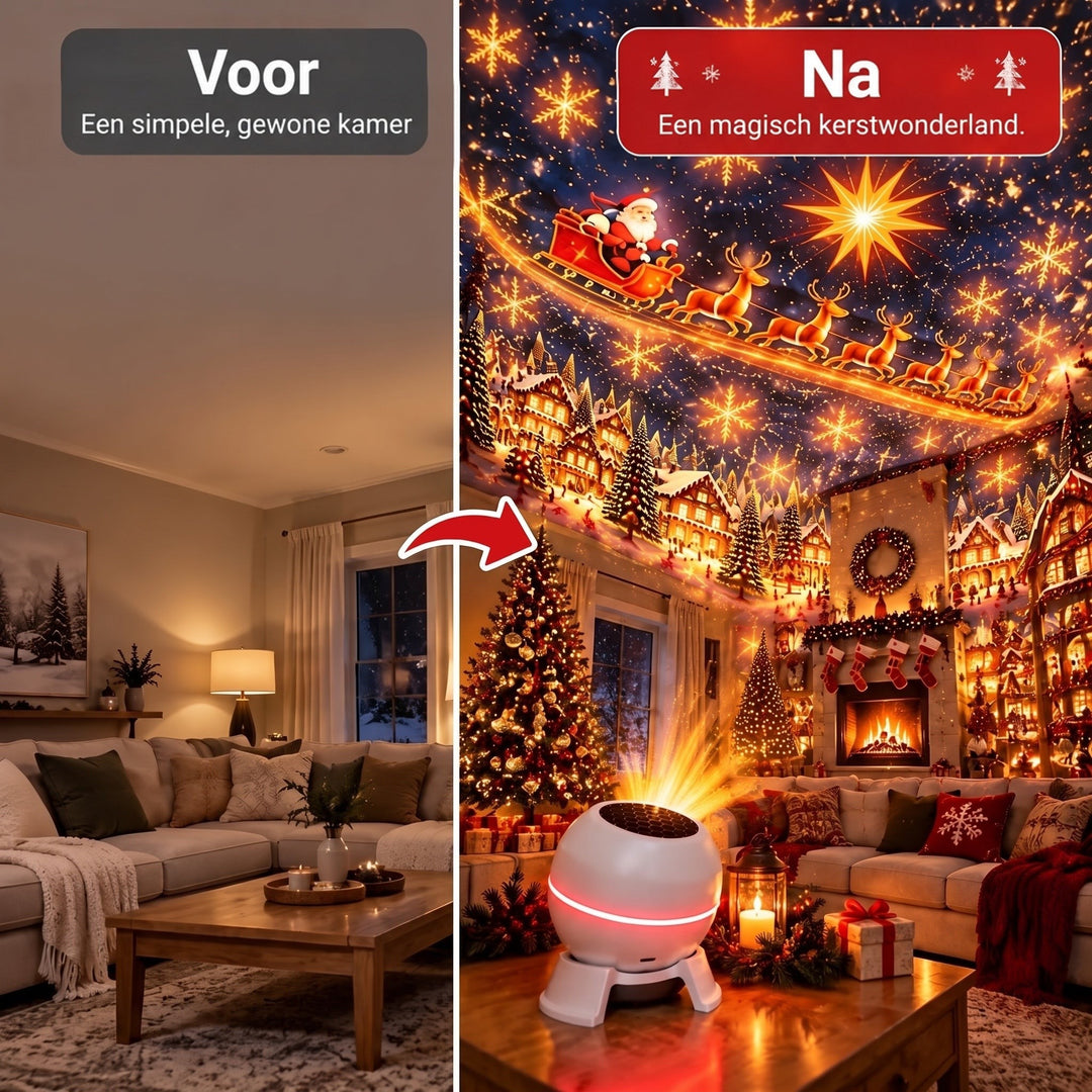 Vergelijking van dezelfde woonkamer: links met gewone verlichting, rechts met de projector die de kamer in een kerstwereld verandert. 3
